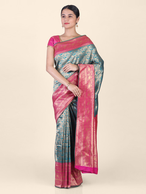 

Hastakala Blue & Pink Silk Blend Woven Design Handloom Kanjeevaram Saree