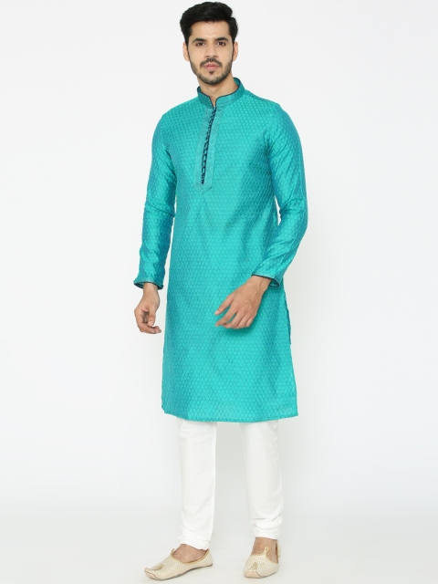 

Manyavar Men Sea Green & White Woven Design Kurta with Pyjamas