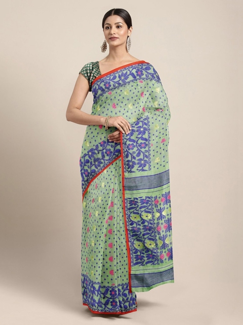 

Mitera Green & Navy Blue Silk Cotton Printed Jamdani Handloom Saree