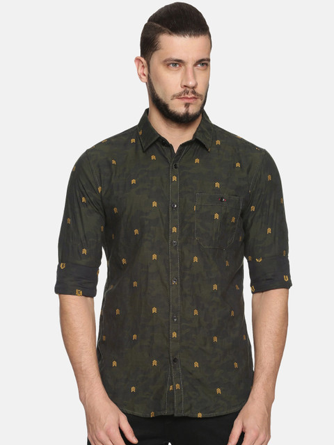 

IVOC Men Olive Green & Grey Slim Fit Printed Casual Shirt