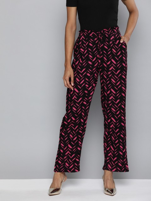 

HERE&NOW Women Black & Pink Abstract Printed Straight Palazzos