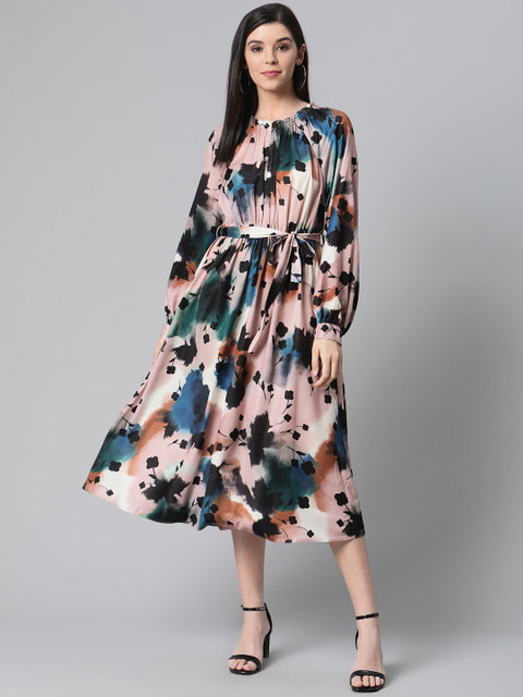 

Marks & Spencer Peach-Coloured & Blue Abstract Printed A-Line Dress