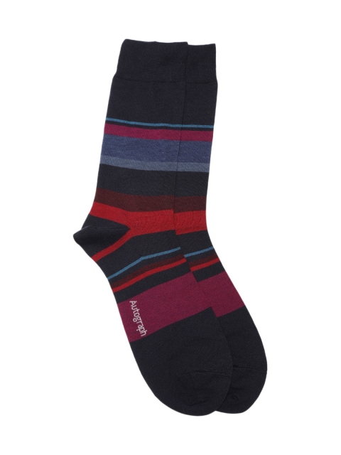 

Marks & Spencer Men Navy & Magenta Striped Above Ankle Length Socks, Navy blue