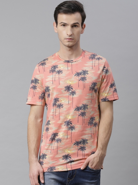 

Marks Spencer Men Pink Navy Blue Tropical Printed Round Neck Pure Cotton T-shirt