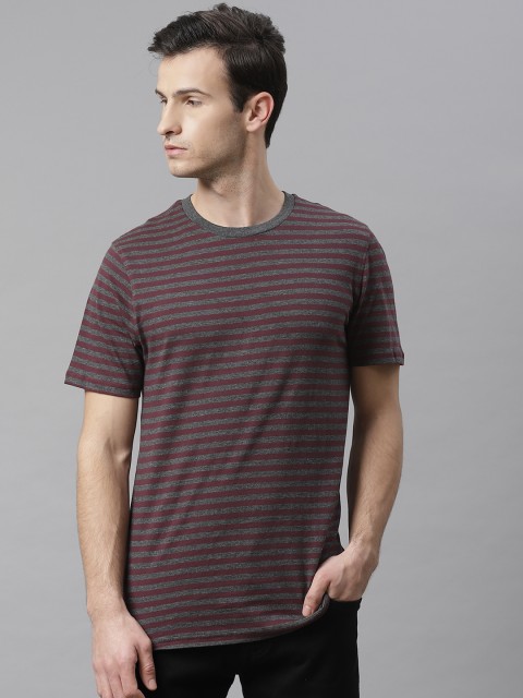 

Marks Spencer Men Burgundy Charcoal Grey Striped Round Neck Pure Cotton T-shirt