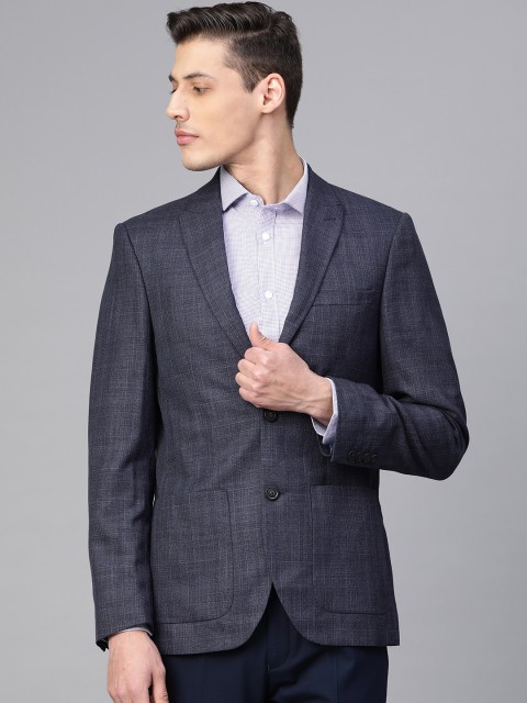 

Marks & Spencer Men Navy Blue Self-Checked Tailored Fit Single-Breasted Formal Blazer
