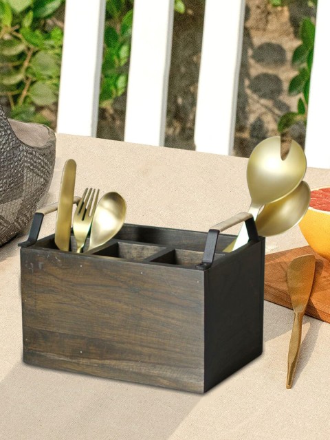 

nestroots Brown Solid Sheesham Wood Cutlery Holder With Cane Handle