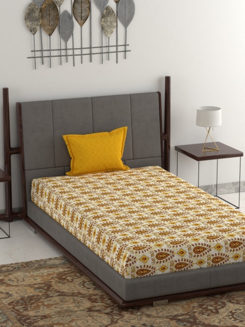 

Trident Mustard Yellow Ethnic Motifs 144 TC Cotton 1 Single Bedsheet with 1 Pillow Covers, Off white