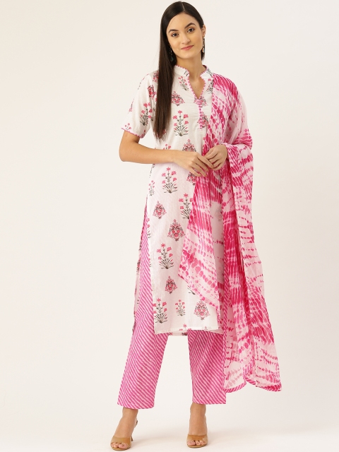 

Chinyere Women White & Pink Printed Kurta with Trousers & Dupatta