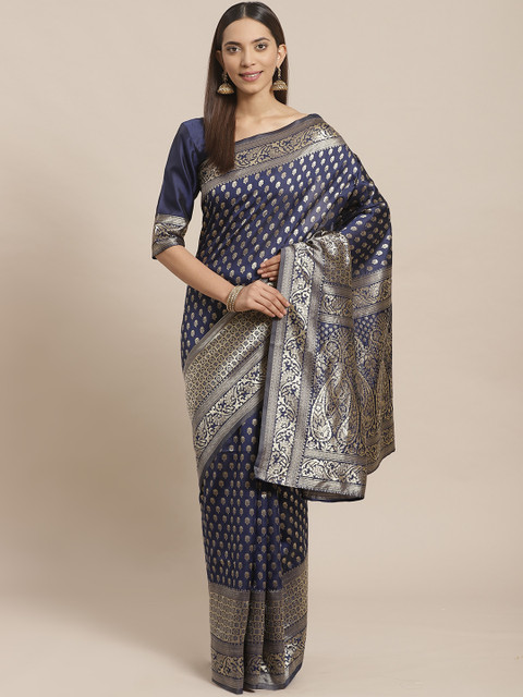 

SALWAR STUDIO Navy Blue & Golden Zari Woven Design Banarasi Saree