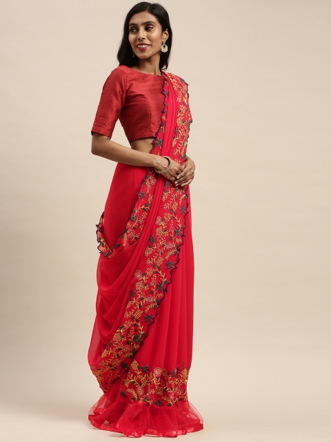 

Mitera Red Solid Poly Georgette Saree with Embroidered Border