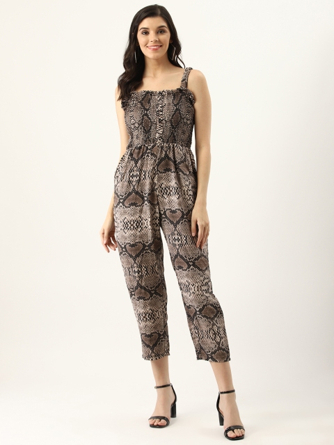 

U&F Women Black & Beige Smoked Bodice Snake Skin Print Basic Jumpsuit