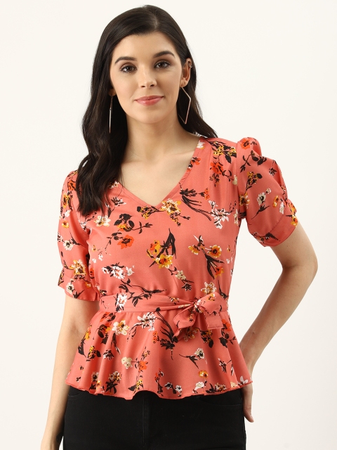 

U&F Women Peach-Coloured & Black Floral Print A-Line Top