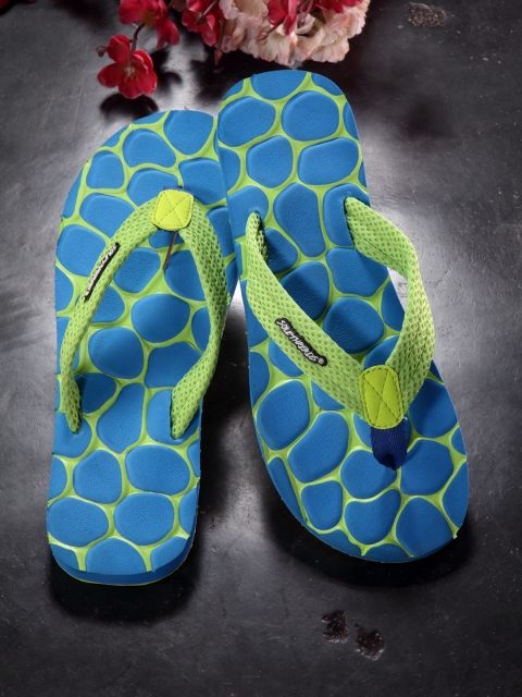 

Solethreads Men Turquoise Blue & Fluorescent Green Printed Thong Flip-Flops