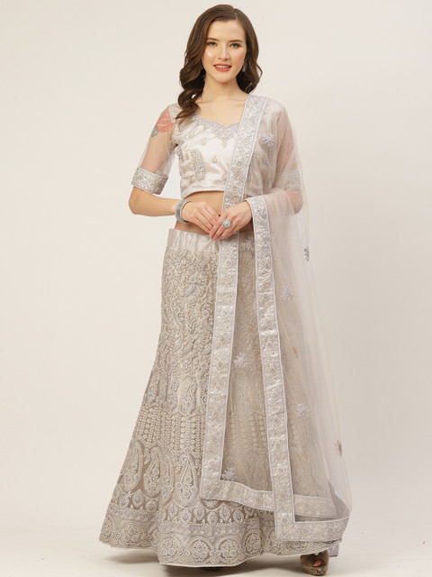 

Shaily Grey & Silver Embroidered Semi-Stitched Lehenga & Unstitched Blouse with Dupatta