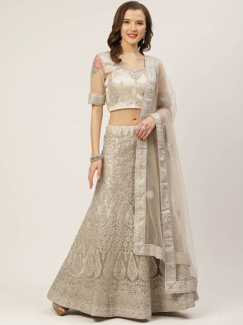

Shaily Grey Embroidered Semi-Stitched Net Lehenga & Blouse with Dupatta