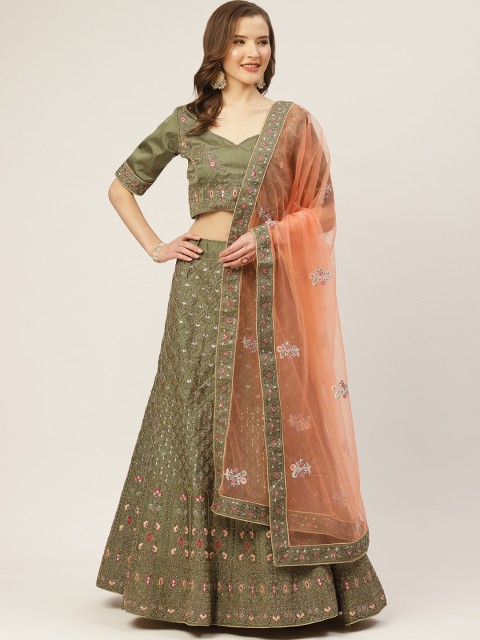

Shaily Olive Green Embroidered Semi-Stitched Lehenga & Unstitched Blouse with Dupatta