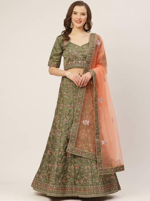 

Shaily Olive Green & Peach-Coloured Embroidered Semi-Stitched Lehenga & Unstitched Blouse with Dupatta