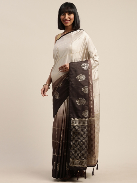 

Nanda Silk Mills Coffee Brown & Off-White Woven Design Saree