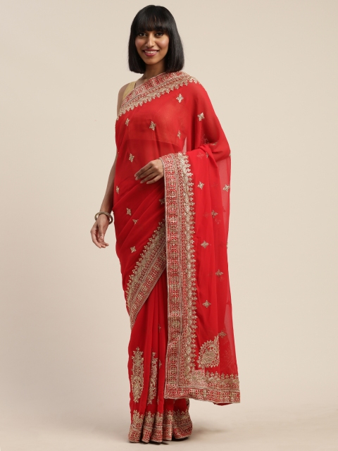 

Nanda Silk Mills Red & Golden Pure Georgette Embroidered Saree