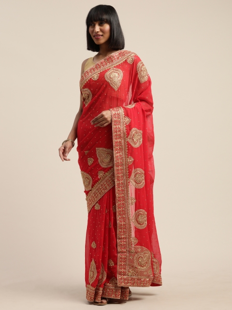 

Nanda Silk Mills Red & Golden Pure Georgette Embroidered Saree