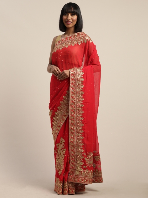 

Nanda Silk Mills Red & Golden Pure Georgette Embellished Festive Saree