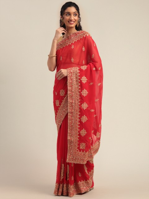 

Nanda Silk Mills Red & Gold-Toned Pure Georgette Embroidered Saree