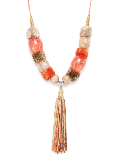 

RICHEERA Women Orange & Beige Silver Plated Beaded Tasselled Necklace