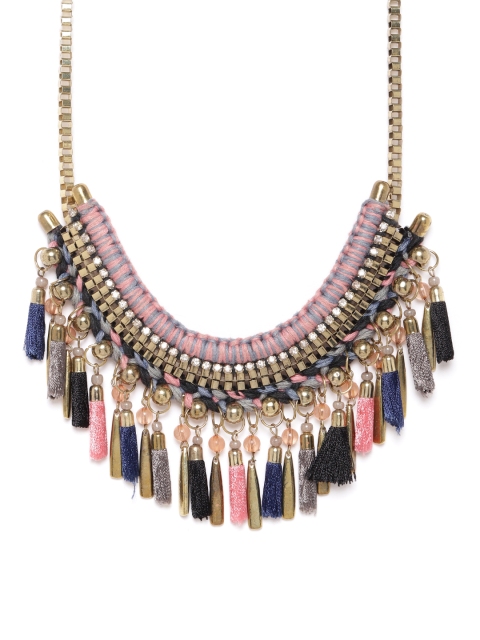 

RICHEERA Women Antique Pink & Navy Blue Gold-Plated Beaded & Tasselled Necklace