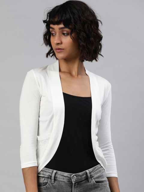 

zebu Women Cream-Coloured Solid Open Front Shrug