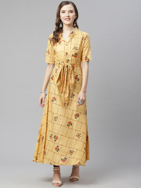 

mokshi Women Yellow & Brown Floral Print A-Line Kurta