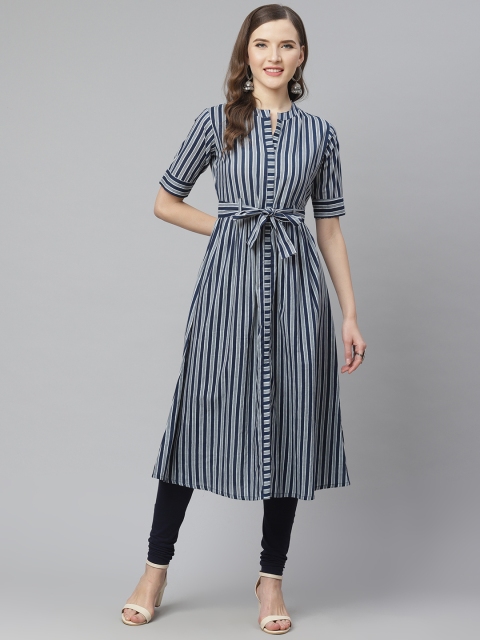 

mokshi Women Navy Blue & Grey Striped A-Line Kurta