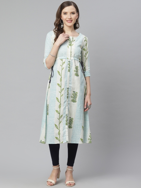 

mokshi Women White & Green Floral Print A-Line Kurta, Off white