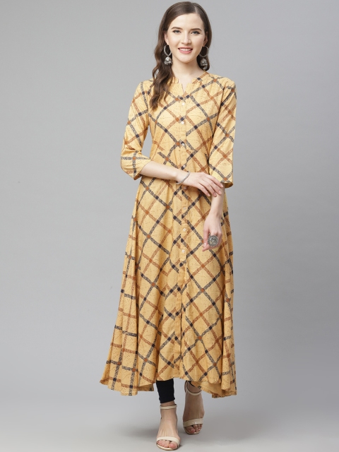 

mokshi Women Yellow & Navy Blue Checked A-Line Kurta