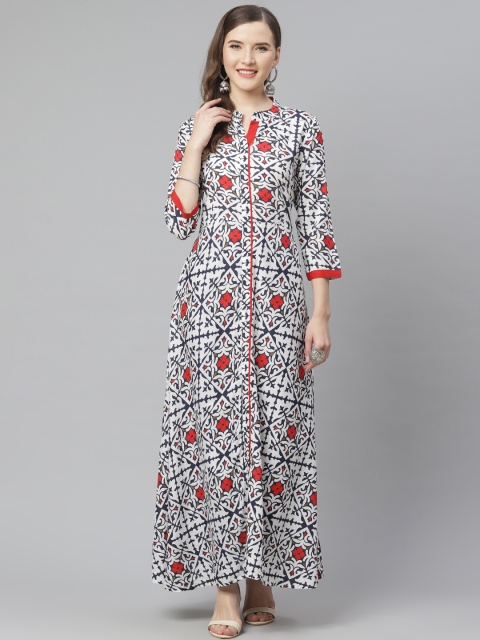 

mokshi Women White & Navy Blue Ethnic Motif Print Anarkali Kurta
