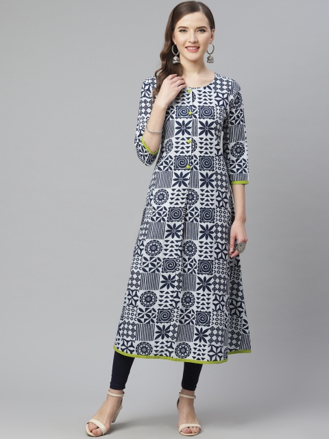 

mokshi Women Navy Blue & White Printed A-Line Kurta