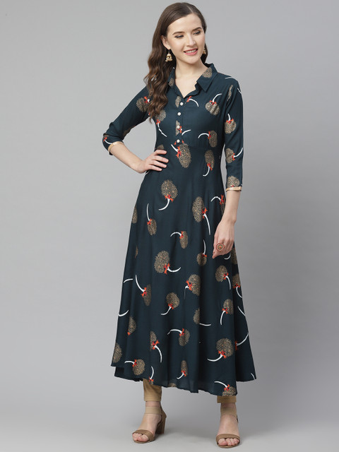 

mokshi Women Green & Golden Floral Printed Anarkali Kurta