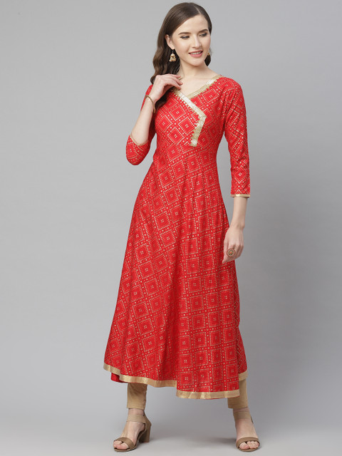 

mokshi Women Red & Off-White Bandhani Foil Print A-Line Kurta