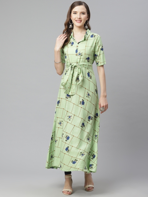 

mokshi Women Green & Blue Floral Print A-Line Kurta