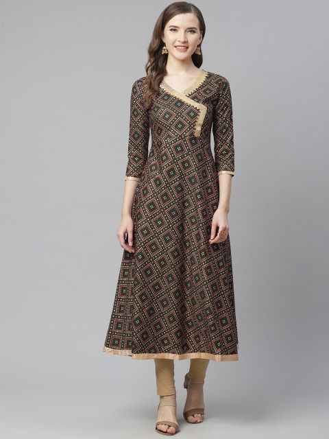 

mokshi Women Green & Golden Bandhani Print A-Line Angrakha Kurta