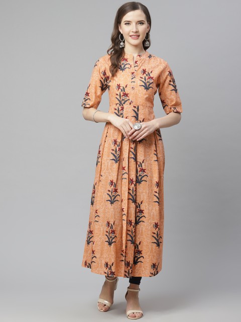 

mokshi Women Peach-Coloured & Blue Floral Print A-Line Kurta