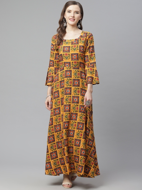 

mokshi Women Mustard Yellow & Orange Ethnic Motif Print Anarkali Kurta