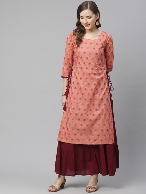 

mokshi Women Coral Pink & Maroon Ethnic Motif Print Layered A-Line Kurta