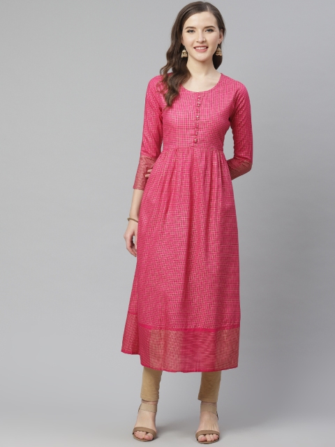 

mokshi Women Pink & Golden Checked A-Line Kurta