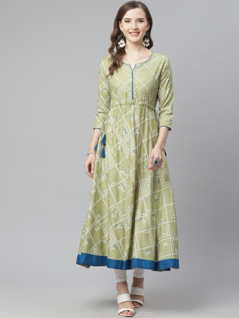 

mokshi Women Green & White Bandhani Print A-Line Kurta