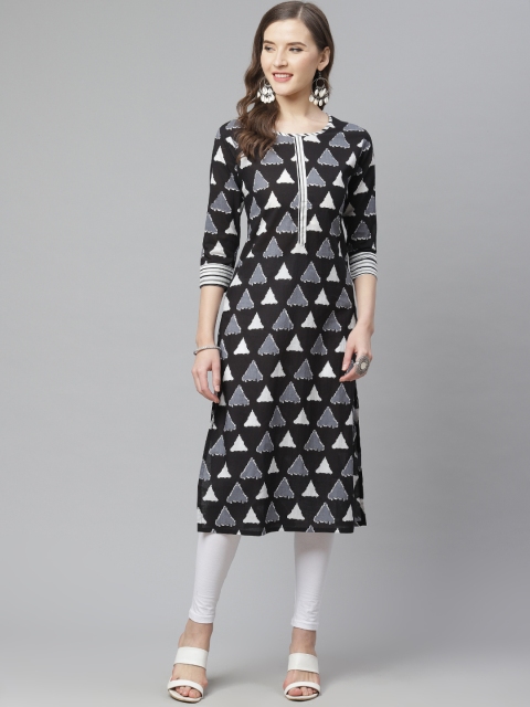 

mokshi Women Black & White Printed Straight Kurta