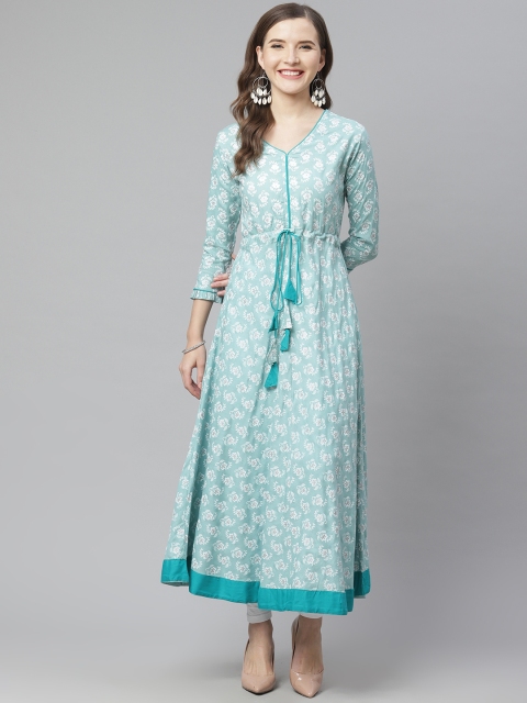 

mokshi Women Blue & White Floral Print A-Line Kurta
