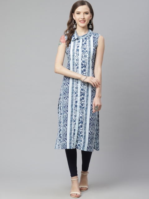 

mokshi Women Blue & White Ethnic Motif Print Straight Kurta