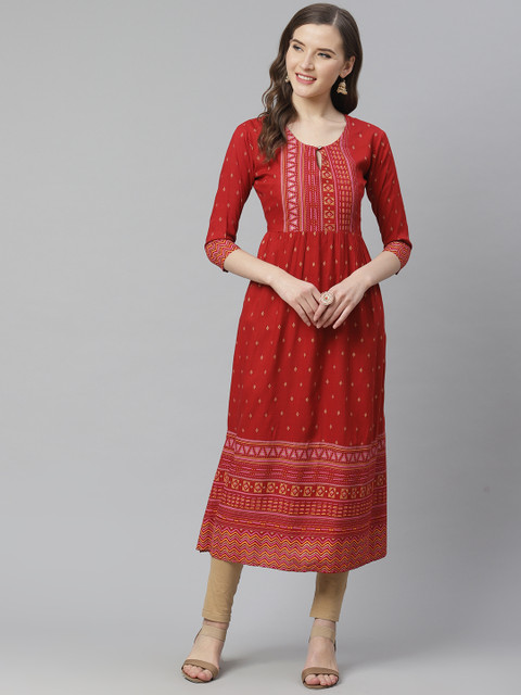 

mokshi Women Maroon & Beige Ethnic Motif Foil Print A-Line Kurta