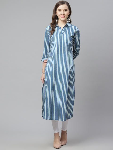 

mokshi Women Blue & Off-White Striped Straight Kurta